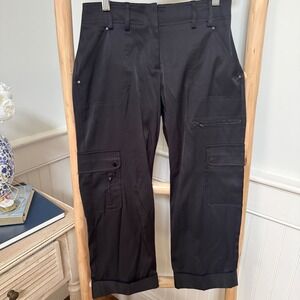 Cache Womens Black Sateen Cargo Pants Straight Leg Cuffed Utility Size 2